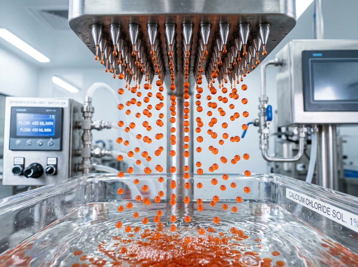bubble tea popping boba — close-up do bico de sferificação industrial formando esferas líquidas perfeitas caindo em banho de cálcio