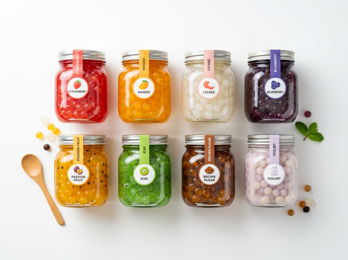 popping boba de chá de bolhas — composição colorida de oito sabores de popping boba dispostos por cor em uma prateleira de estúdio branca