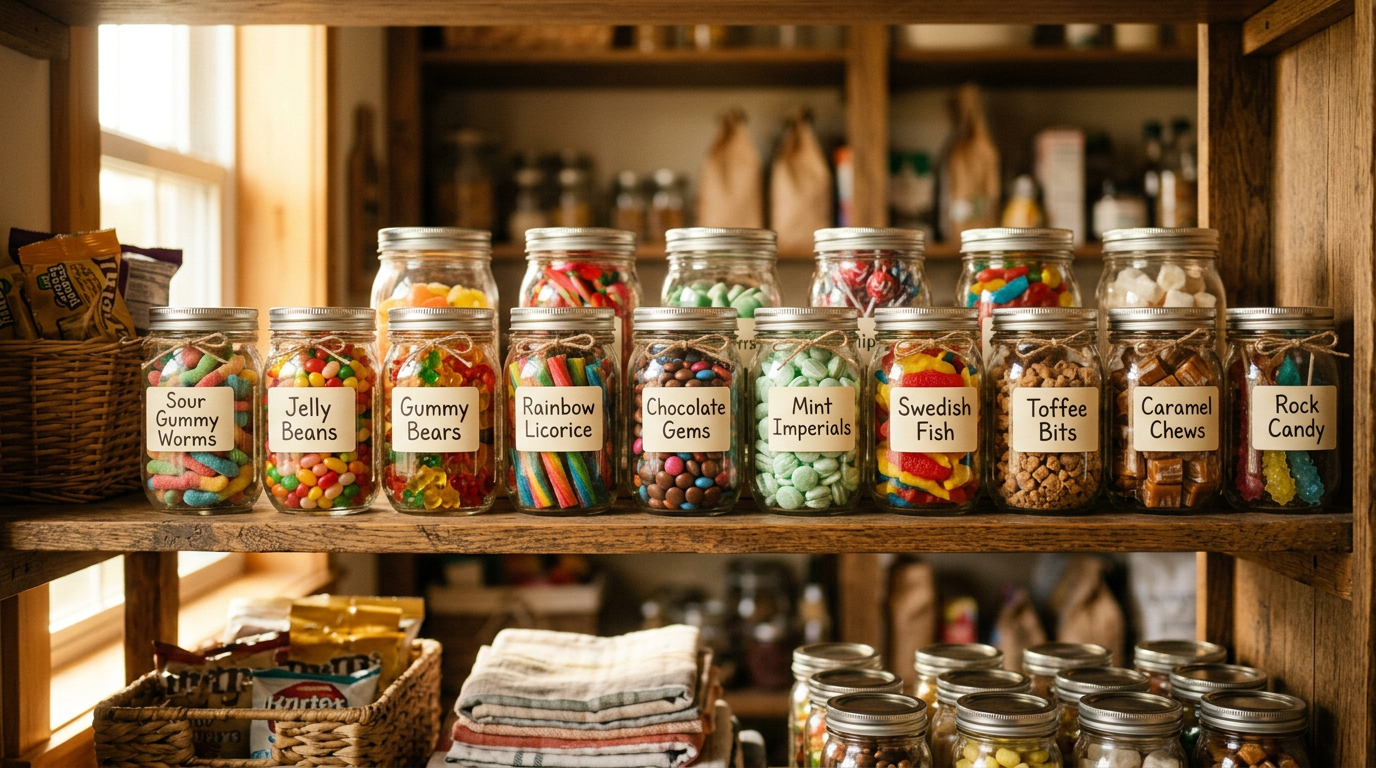 can candy expire — modern pantry shelf with neatly organized, clearly labeled jars of assorted candy