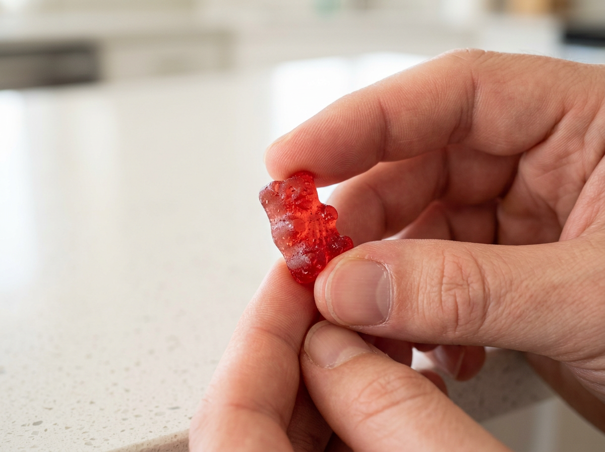 can candy expire — close-up hands inspecting a piece of candy for texture and surface changes under bright kitchen light