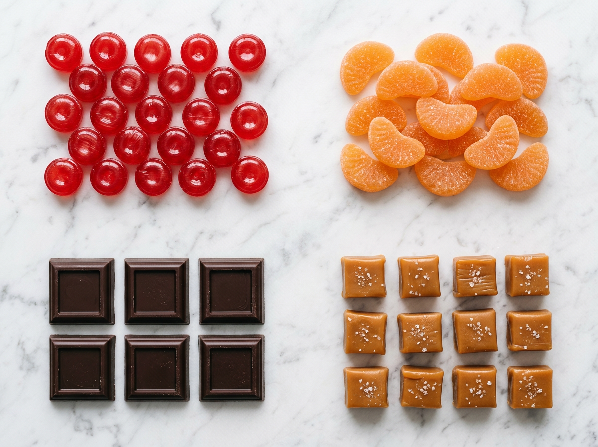 can candy expire — side-by-side comparison of hard candy, gummies, chocolate, and caramel on a tasting tray