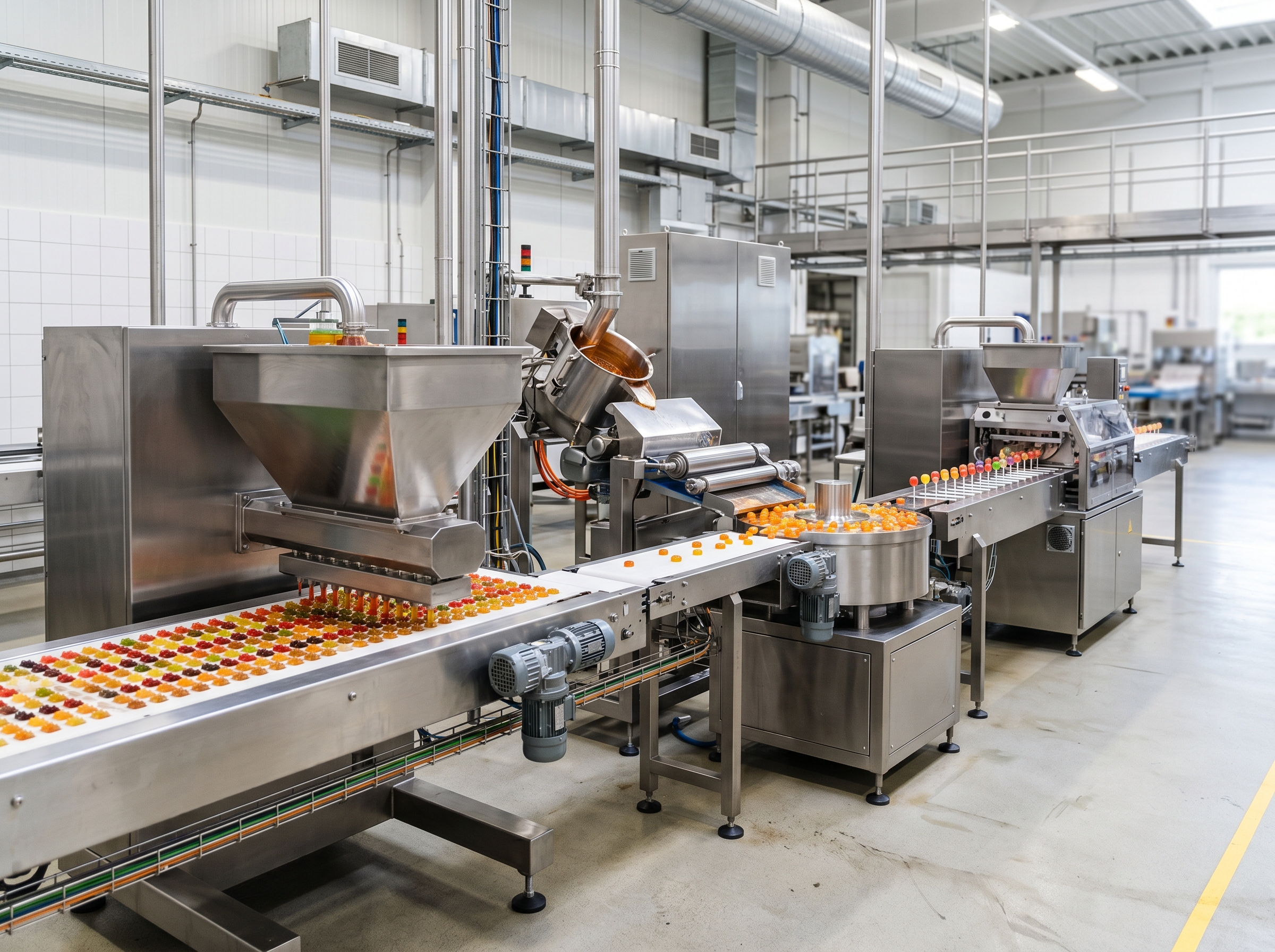 Machines industrielles à bonbons et gummies : machine de dépôt de gummies, ligne de cuisson de bonbons durs et machine de formation de sucettes