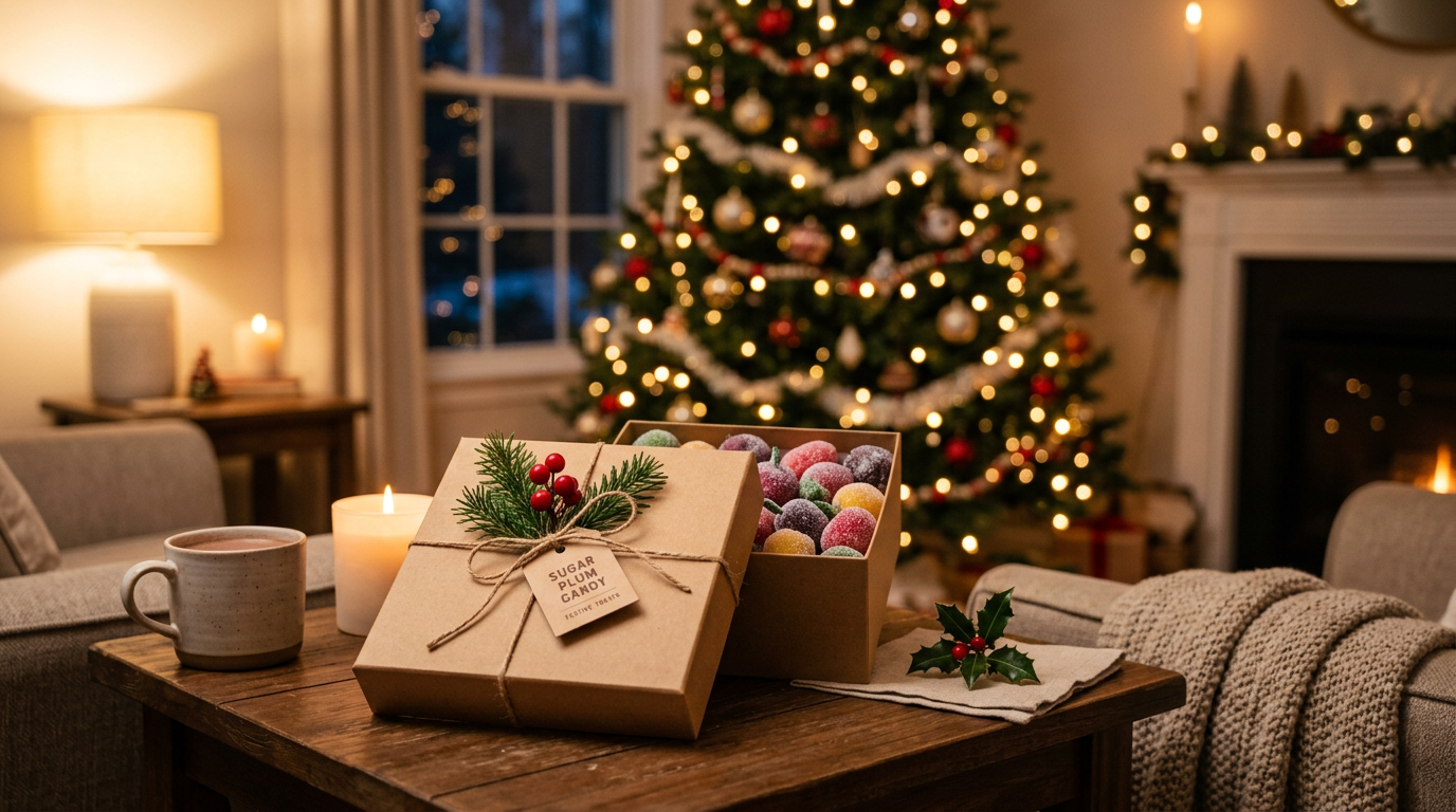 candy sugar plum: gift box of finished sugar plum candies on a holiday table setting