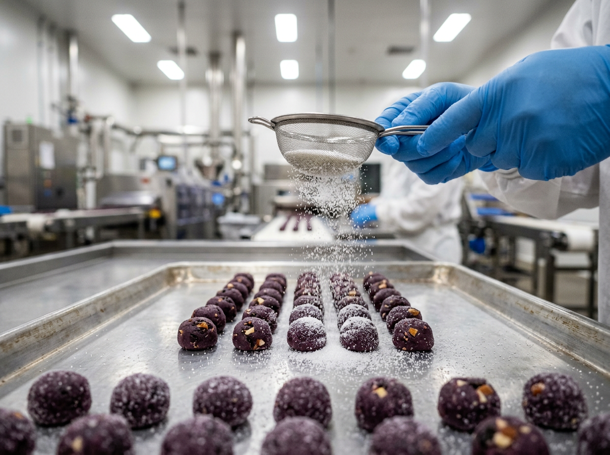 candy sugar plum: close-up of hands applying sugar coating to candy pieces during production