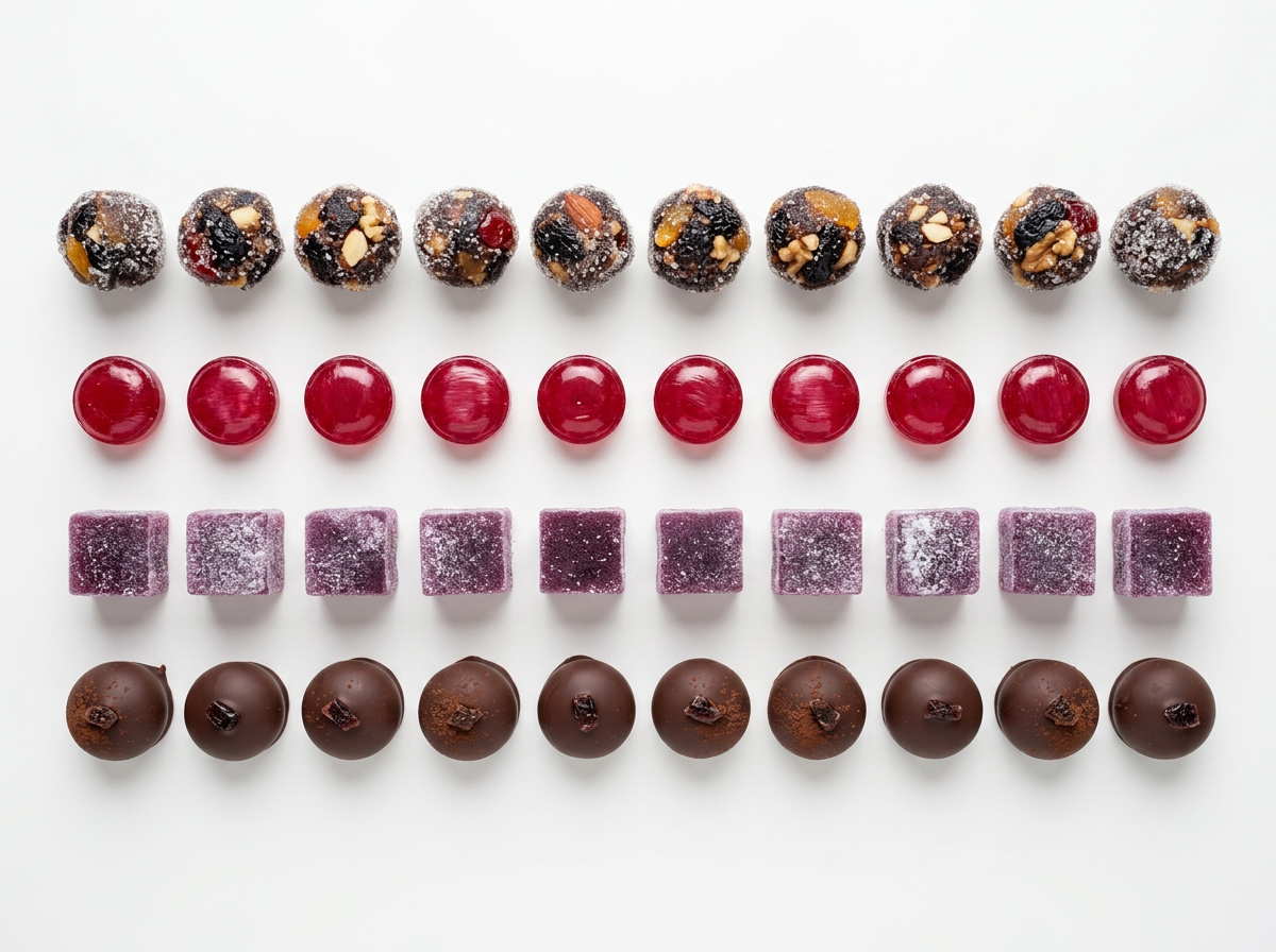 candy sugar plum: three types of sugar plum candy arranged side by side on a white studio shelf for comparison