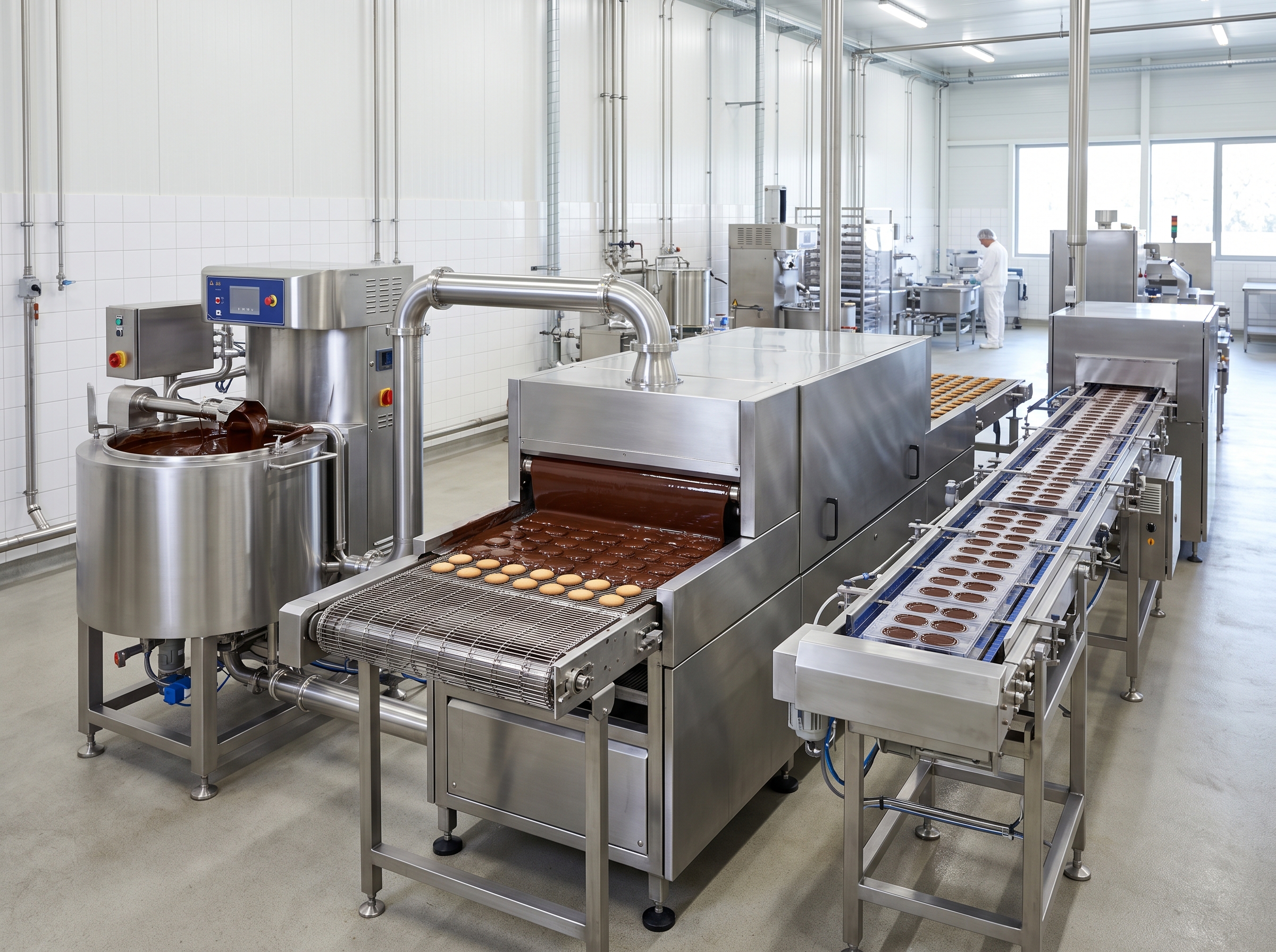 Machines industrielles à chocolat : machine à tempérer, ligne d'enrobage avec rideau de chocolat, et ligne de moulage