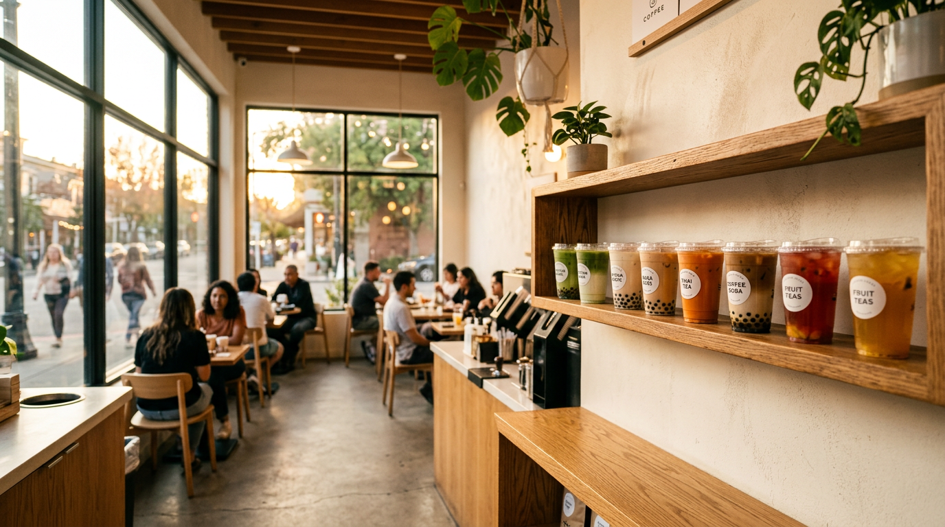 coffee boba tea: modern café counter display with multiple coffee boba tea drinks and toppings
