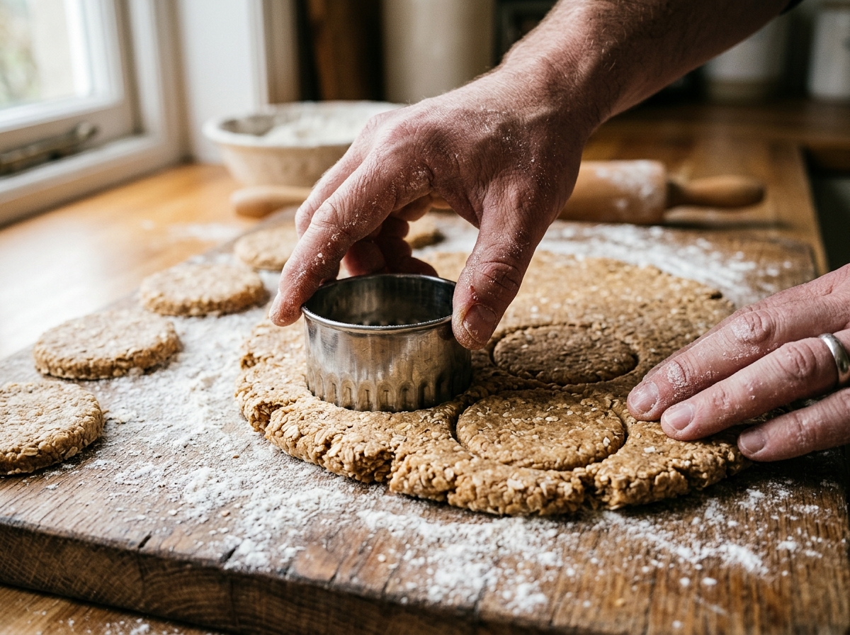 recette de biscuit digestif, mains découpant des formes de biscuits rondes à partir de pâte étalée