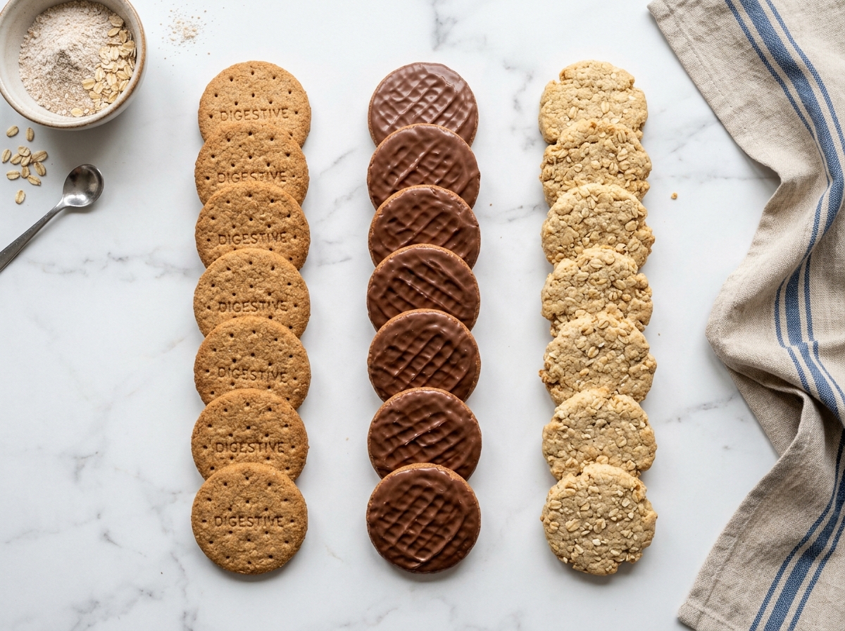 recette de biscuit digestif, trois variantes de biscuits disposées sur un plan en marbre