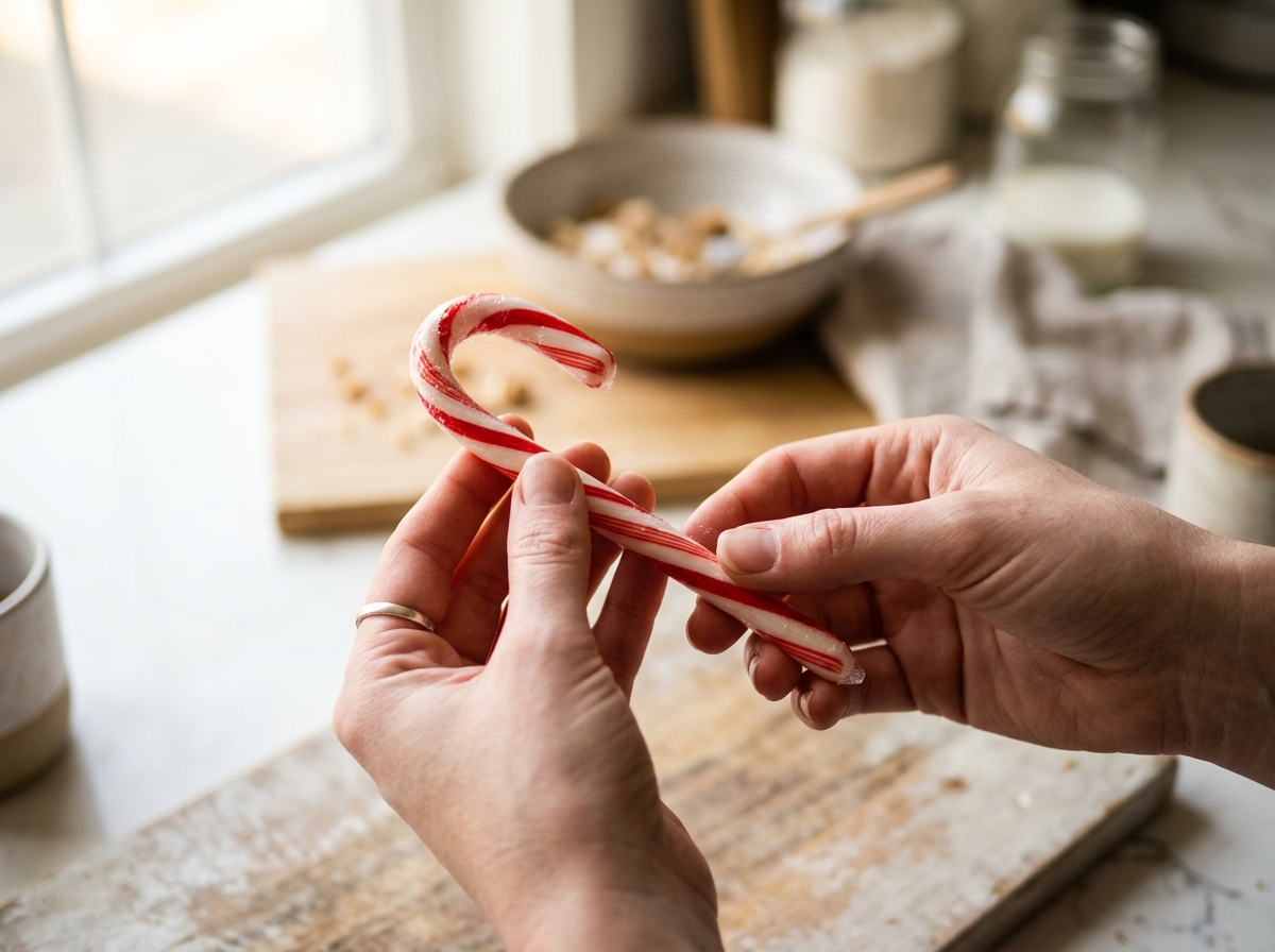 do candy canes go bad: close-up of hands checking a candy cane for stickiness and surface texture