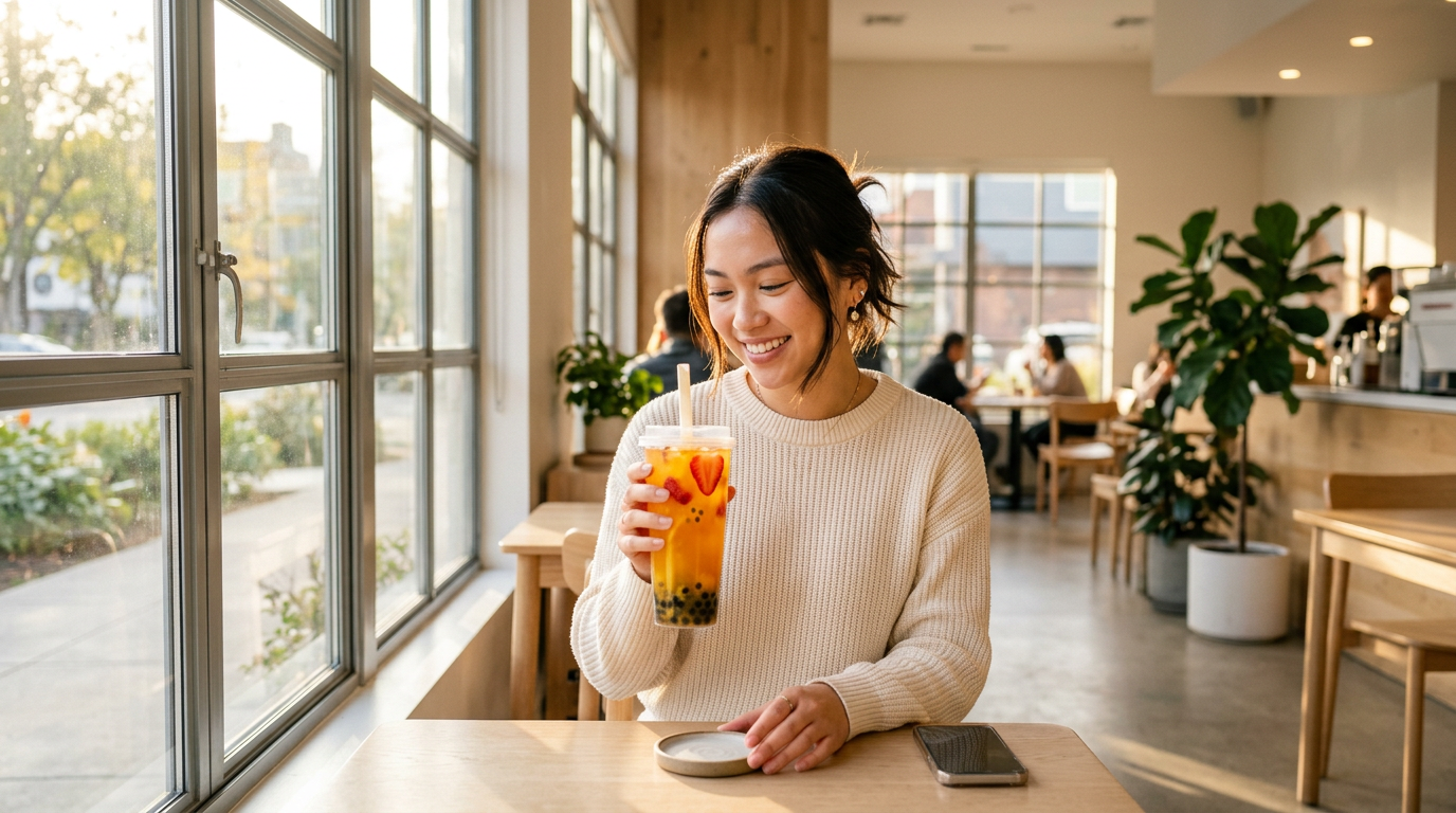 chá de fruta boba — interior de café moderno com bebidas coloridas de chá de fruta boba exibidas no balcão sob luz quente da tarde