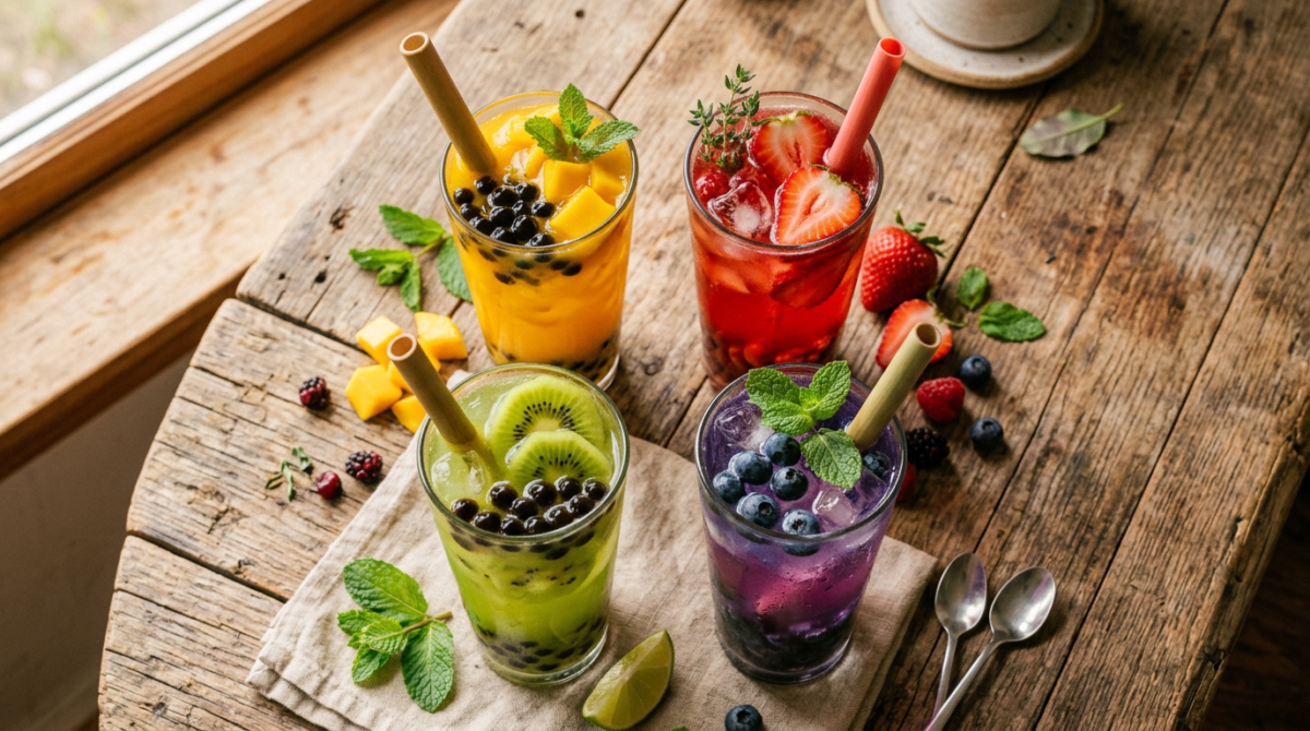 visão geral do destaque do chá de fruta boba