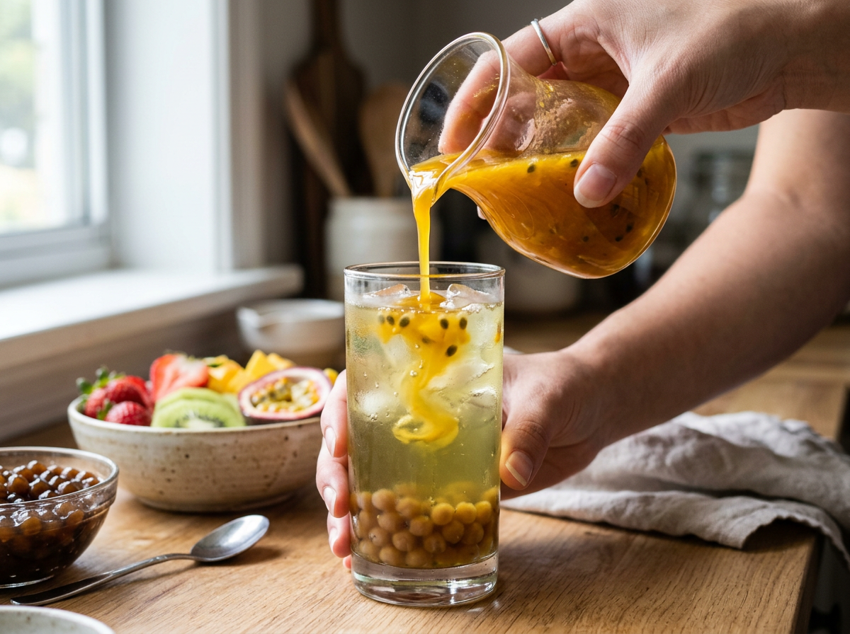 chá de fruta boba — close-up de mãos medindo o chá e despejando xarope de fruta em uma jarra de vidro para preparação de receita