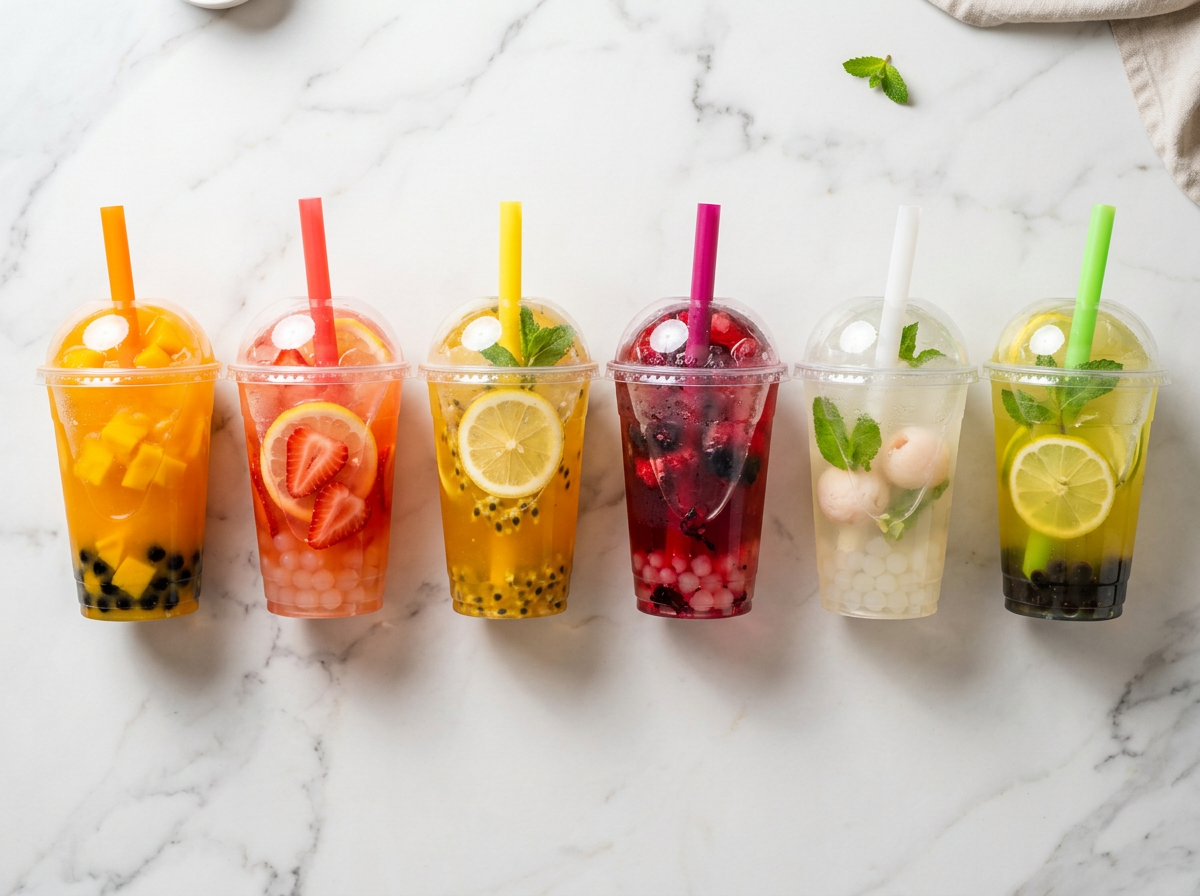 chá de fruta boba — comparação lado a lado de seis variedades de chá de fruta boba em uma prateleira de estúdio branca