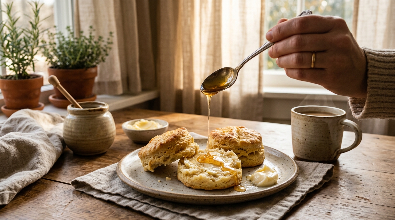 gluten free buttermilk biscuits — warm breakfast scene with split biscuits, honey drizzle, and softened butter on a rustic wooden board