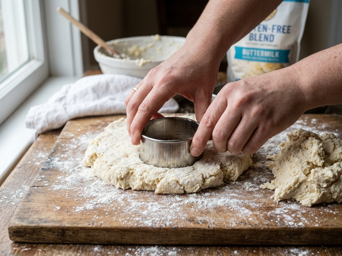 gluten free buttermilk biscuits — close-up hands pressing a sharp biscuit cutter straight down into chilled dough on a floured wooden surface