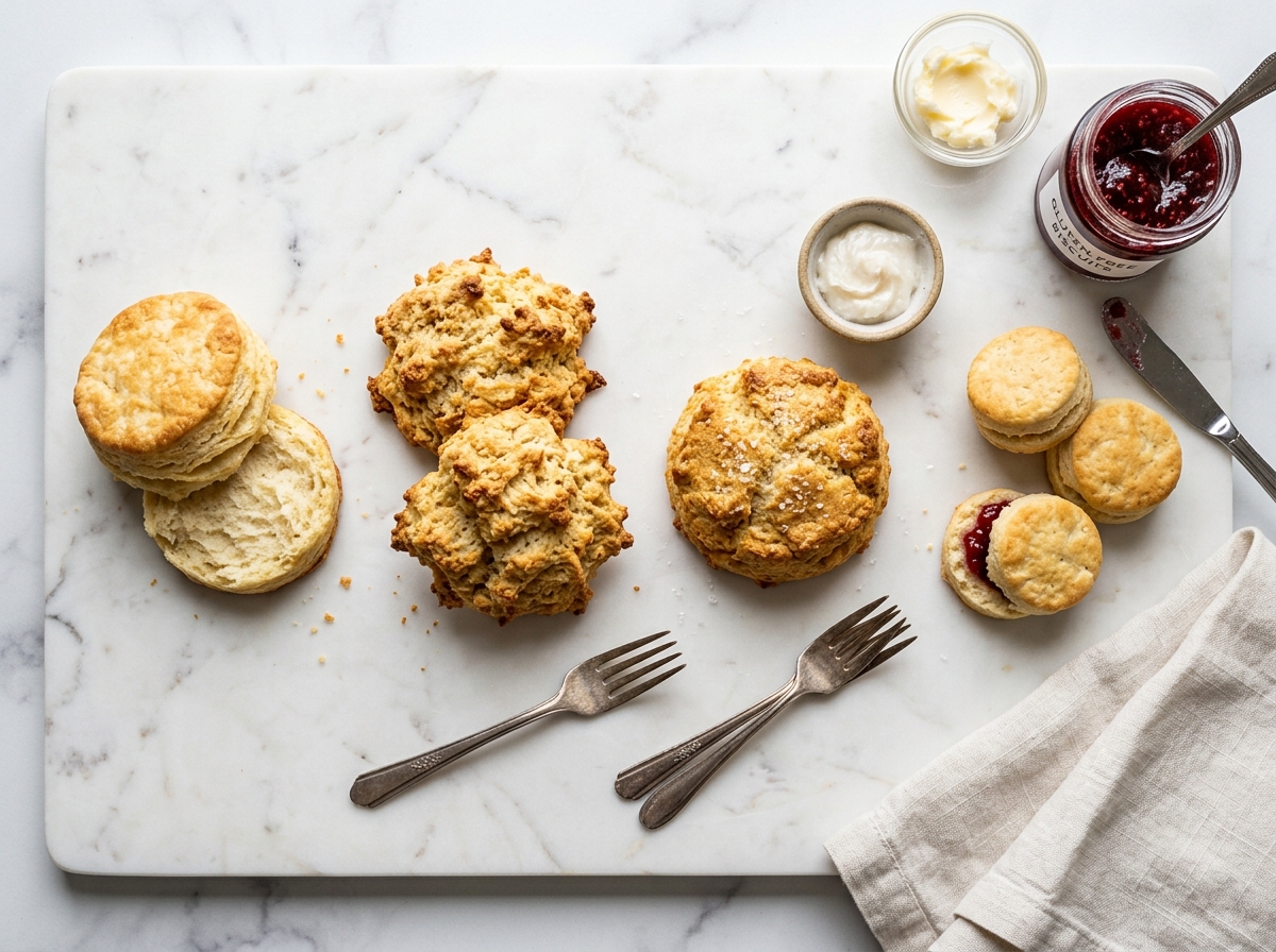gluten free buttermilk biscuits — side-by-side comparison of round cut biscuits and rustic drop biscuits on a white marble surface