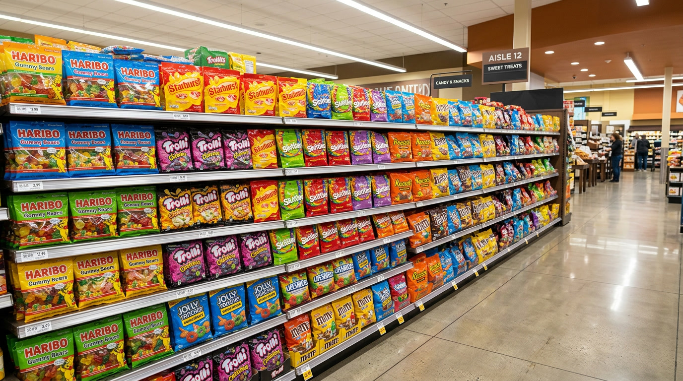 Como São Feitos os Skittles — sacos de Skittles embalados prontos em uma prateleira de loja de varejo com exibição colorida, variedade de sabores organizados de forma ordenada, fotografia de varejo com ângulo amplo, iluminação brilhante da loja