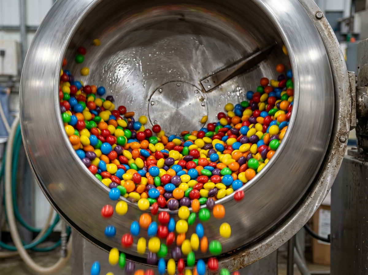 Como São Feitos os Skittles — close-up de pedaços de doces Skittles brilhantes e polidos caindo em uma panela rotativa, superfície brilhante refletindo luz, processo industrial de acabamento de doces, fotografia macro