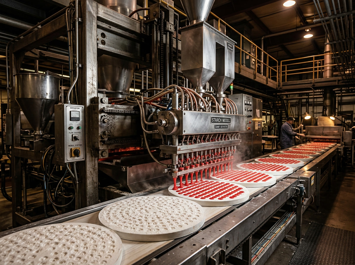 Como São Feitos os Skittles — máquina industrial de amido com fileiras de impressões em forma de doces preenchidas com massa de doce, sistema de esteiras movendo bandejas, iluminação de fábrica, fotografia de engenharia