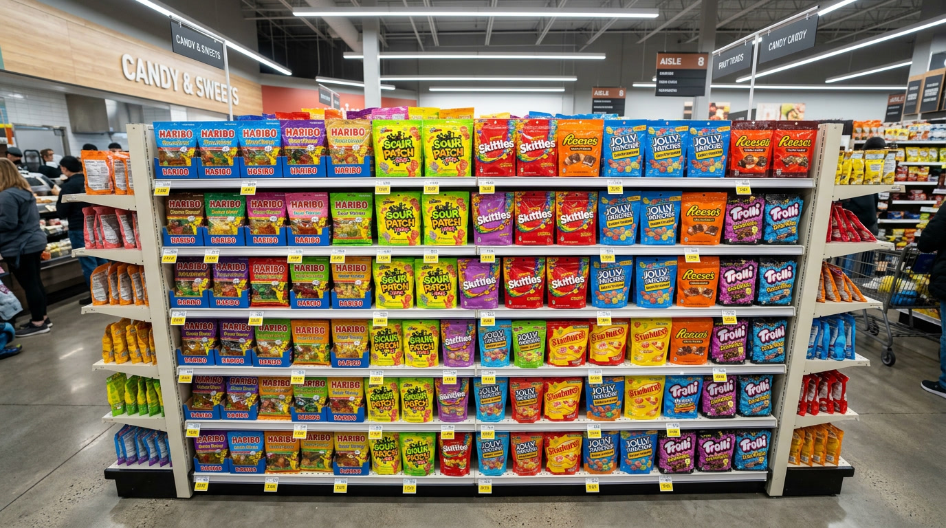 Processo de fabricação de Skittles — produtos de Skittles embalados limpos em uma exibição moderna de varejo, variedade de tamanhos e sabores organizados profissionalmente, fotografia de varejo da indústria de doces