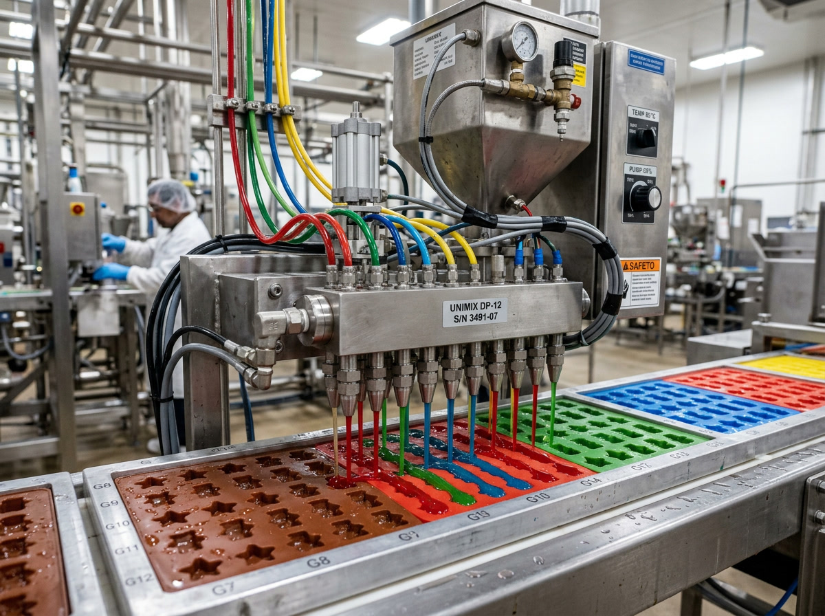 Processo de fabricação de Skittles — máquina de mogul de amido com grade de impressões circulares de doces em bandejas de amido de milho sendo preenchidas por bicos de deposição, linha de produção de fábrica de doces