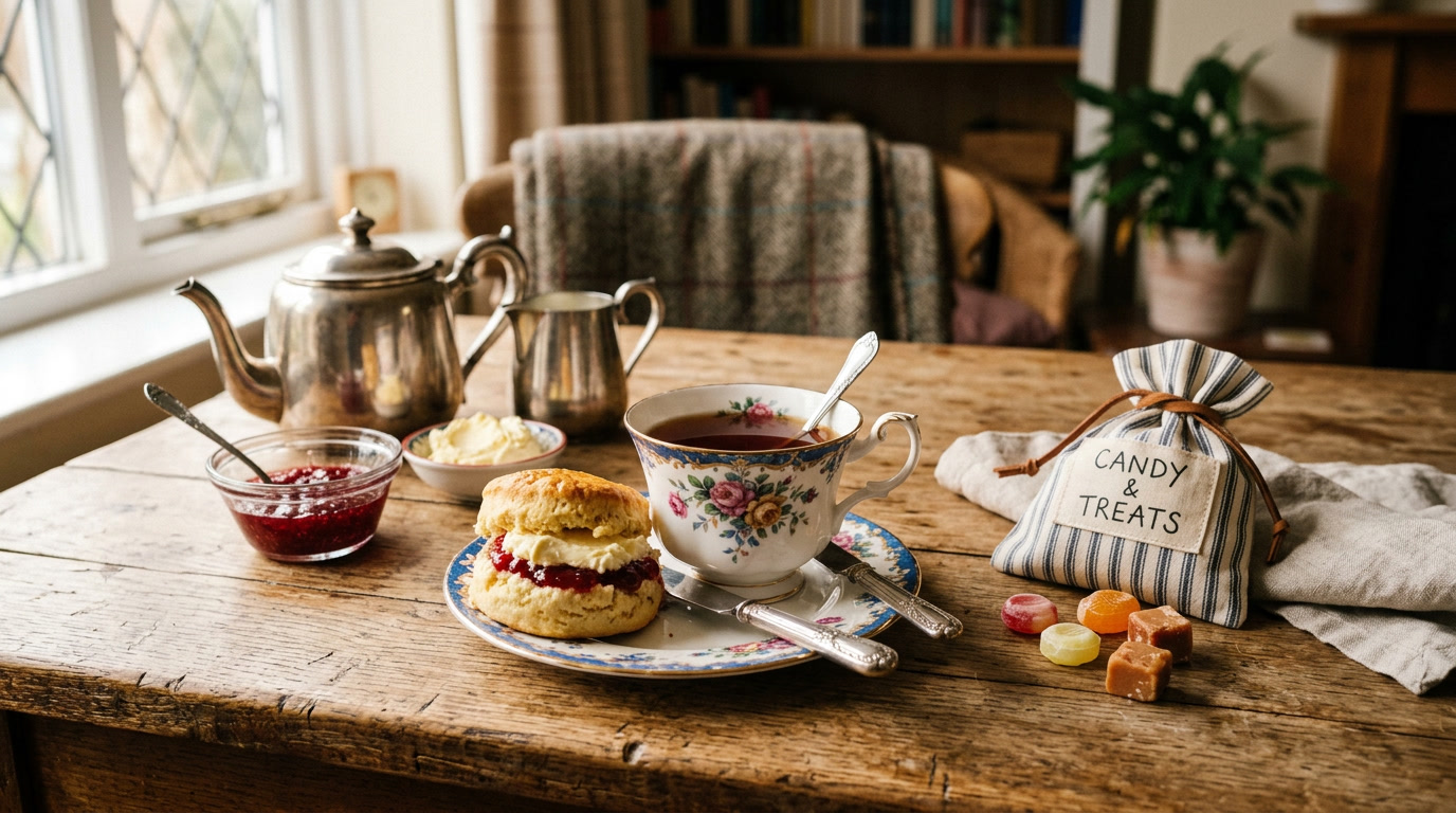 Skittles Reino Unido Sem Glúten — ambiente aconchegante de chá da tarde britânico com uma sacola de Skittles, xícara de chá e pires, e um scone em um prato de porcelana, luz quente de cozinha, fotografia de estilo de vida