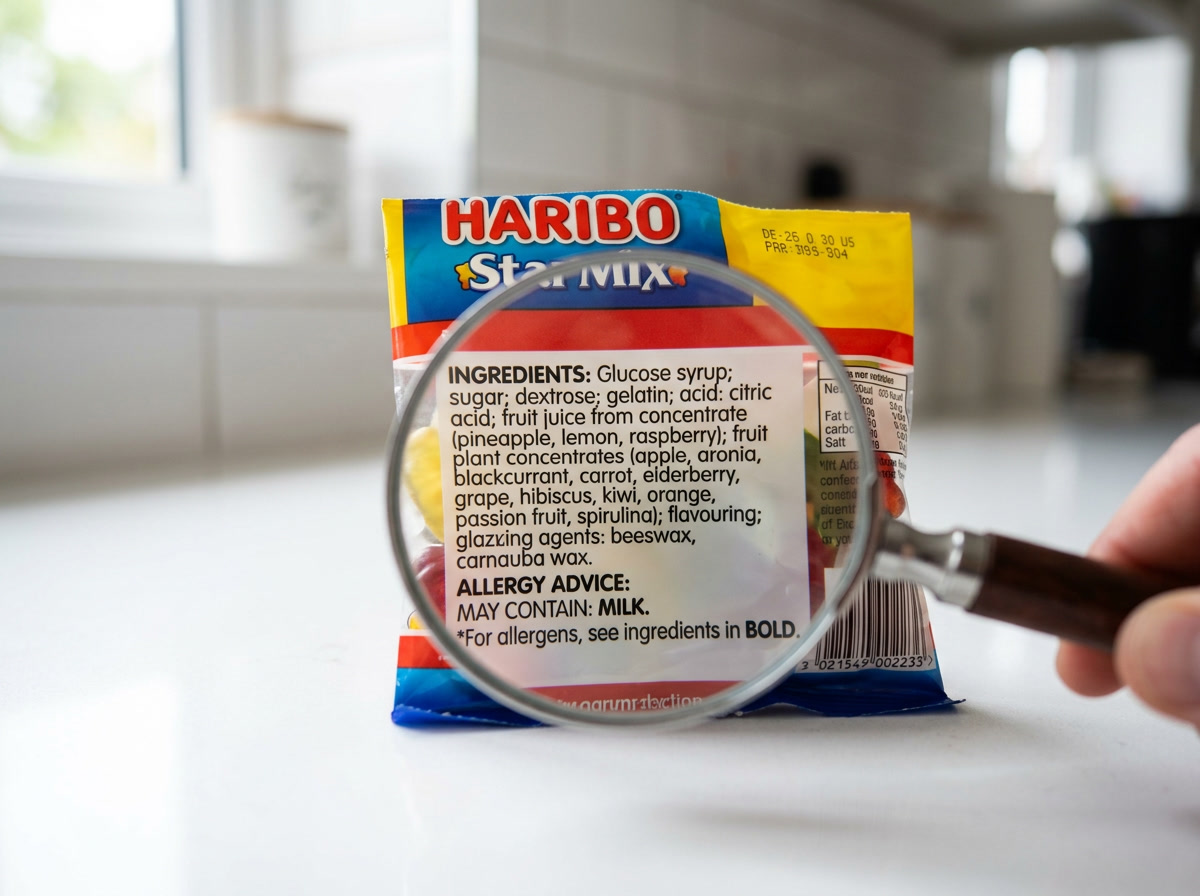 Skittles Reino Unido Sem Glúten — close-up da lista de ingredientes do Skittles do Reino Unido na parte de trás da embalagem, seção de alérgenos destacada, mostrando que não há trigo declarado, luz natural brilhante