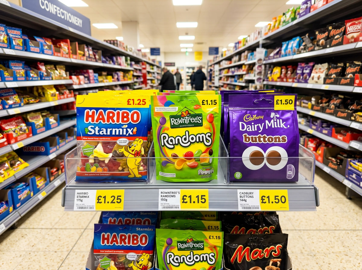 Skittles Reino Unido Sem Glúten — três sacos de variedades de Skittles do Reino Unido (Original, Crazy Sours, Wild Berry) exibidos em uma prateleira de supermercado do Reino Unido com marcações da Tesco/Asda visíveis ao fundo, iluminação natural