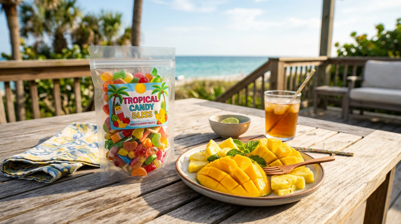 Tropical Skittles Sem Glúten — foto de estilo de vida de doces tropicais e fatias de manga e abacaxi frescas dispostas em uma mesa ao ar livre bem iluminada, sol quente, ambiente de verão casual