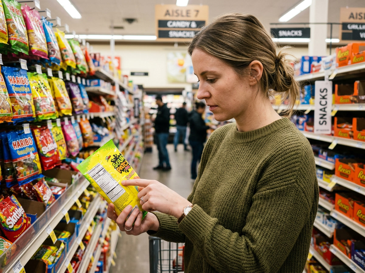 Tropical Skittles Sem Glúten — close-up de alguém lendo o verso de um saco amarelo de Tropical Skittles, lista de ingredientes visível, iluminação de supermercado brilhante, Fujifilm X-T4