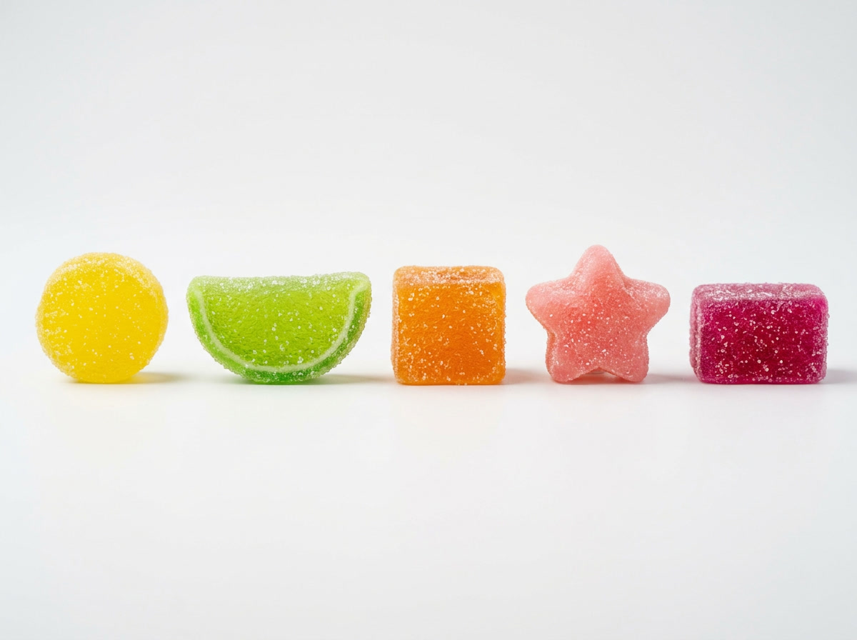 Tropical Skittles Sem Glúten — cinco pedaços de Tropical Skittles representando cada sabor dispostos em um fundo branco, iluminação de estúdio de fotografia macro, cada pedaço amarelo, verde, laranja, rosa