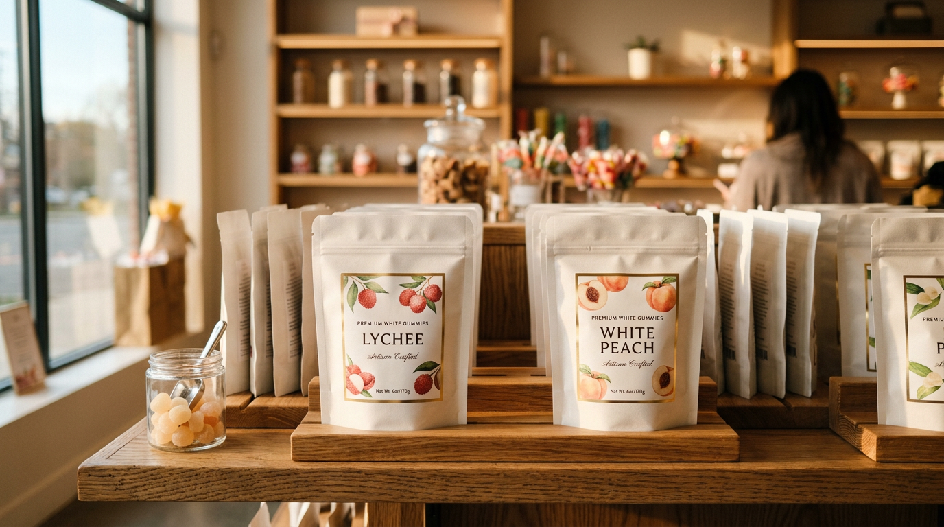 white gummy — modern candy retail display featuring premium white gummy candy pouches with lychee and white peach flavors, lifestyle context
