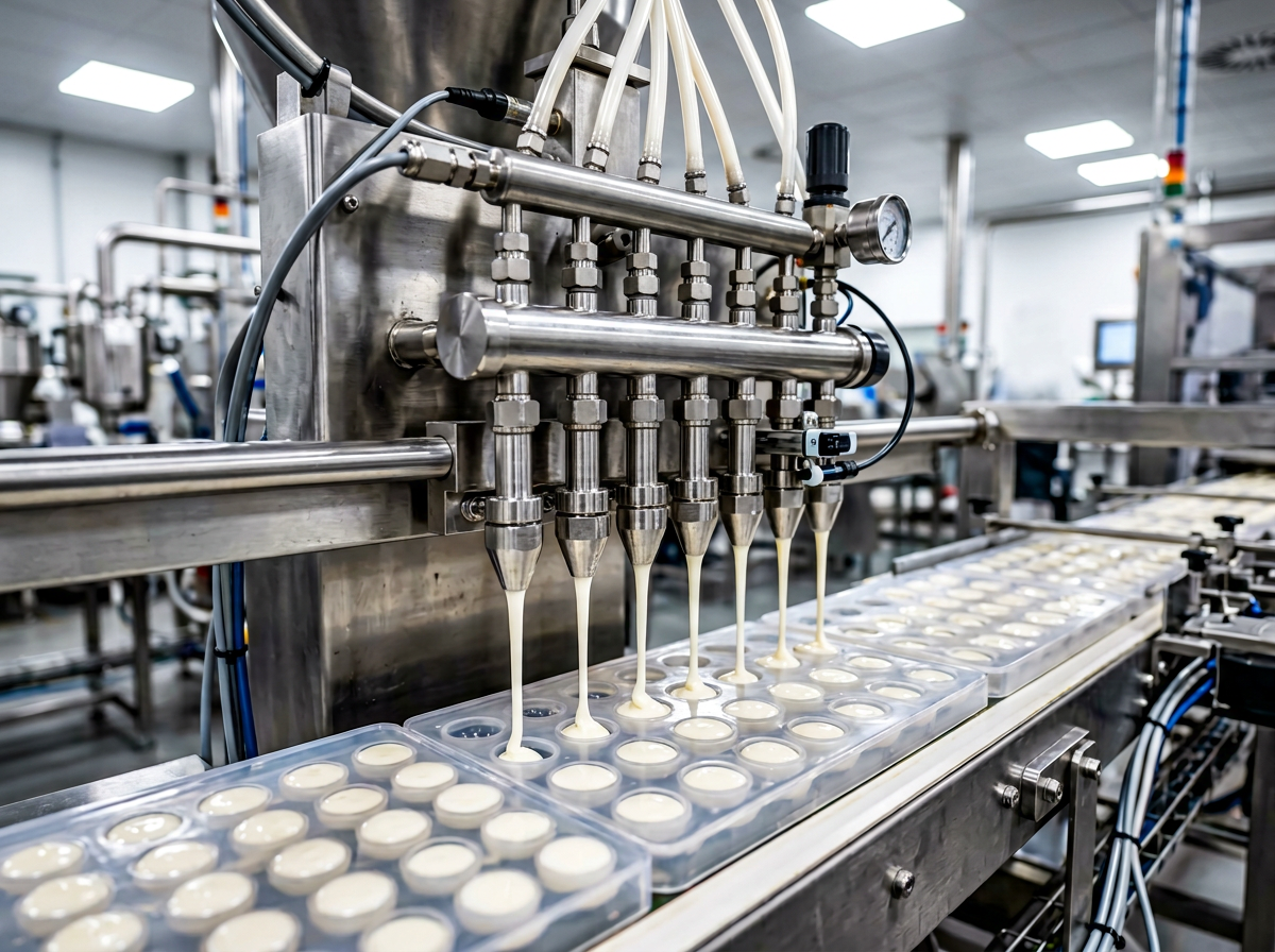 white gummy — production line close-up: depositing nozzles filling white gummy molds, viewed from above in a bright industrial setting