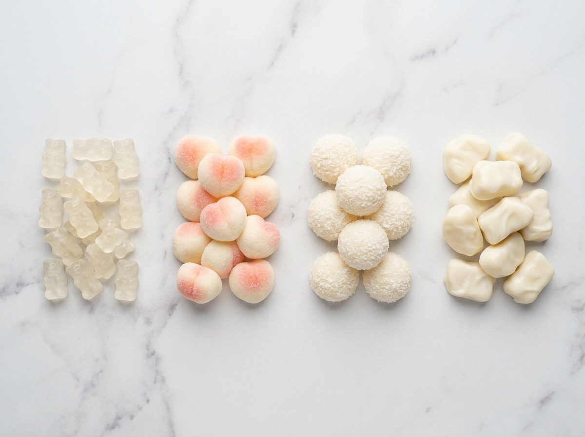 white gummy — flat-lay comparison of four white gummy candy types: bears, peach shape, coconut rounds, and yogurt-coated pieces