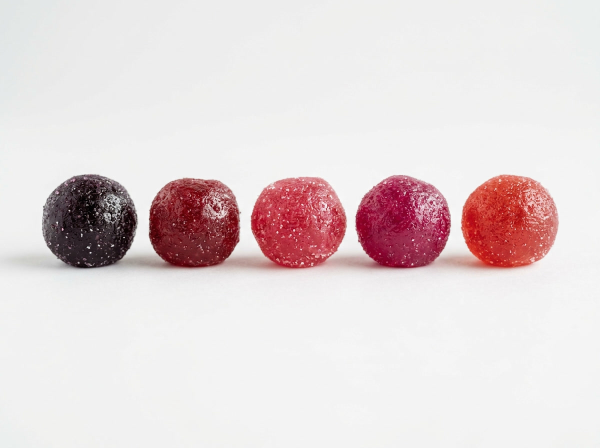 Skittles Wild Berry Livre de Glúten — cinco pedaços de bala Wild Berry em sabores individuais (Berry Punch, Morango, Melão Berry, Framboesa, Cereja Selvagem) sobre fundo branco, fotografia macro, iluminação de estúdio