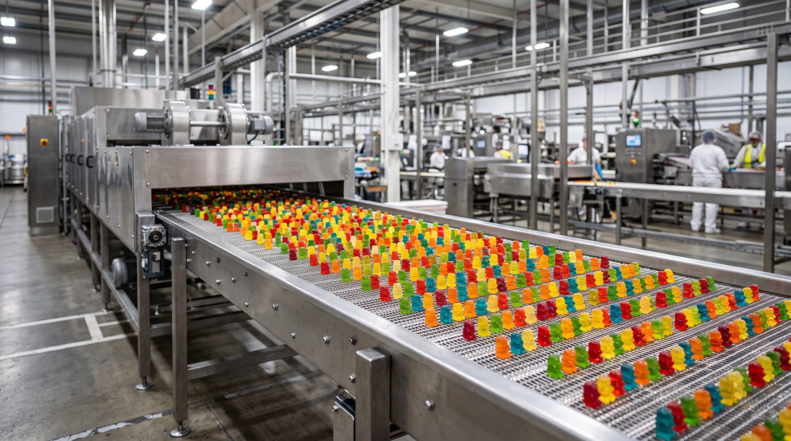 bahan gummy bear — gummy yang sudah selesai pendinginan di konveyor lini produksi sebelum dikemas