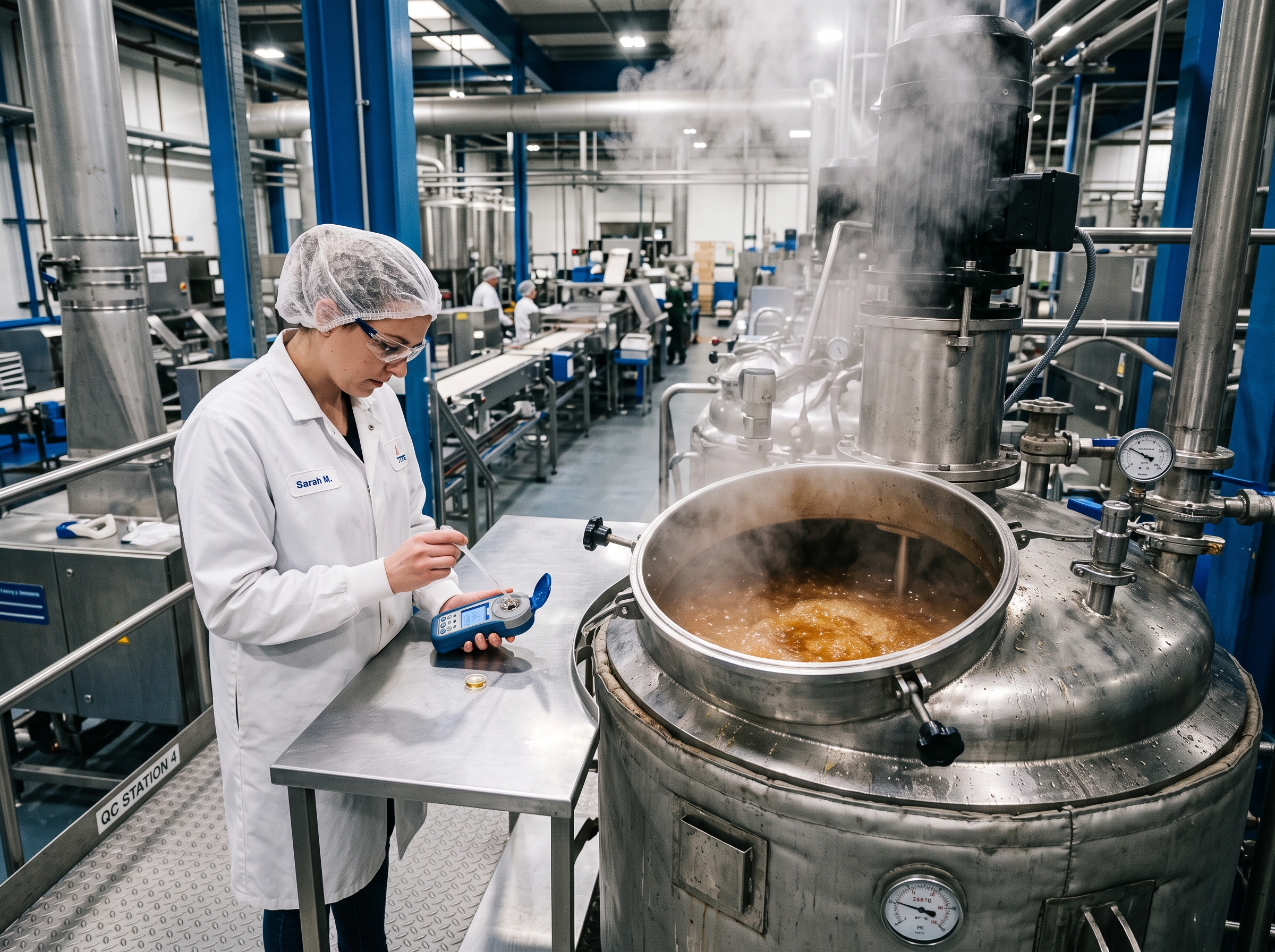 bahan gummy bear — teknisi mengukur Brix dan suhu selama proses memasak batch gummy industri