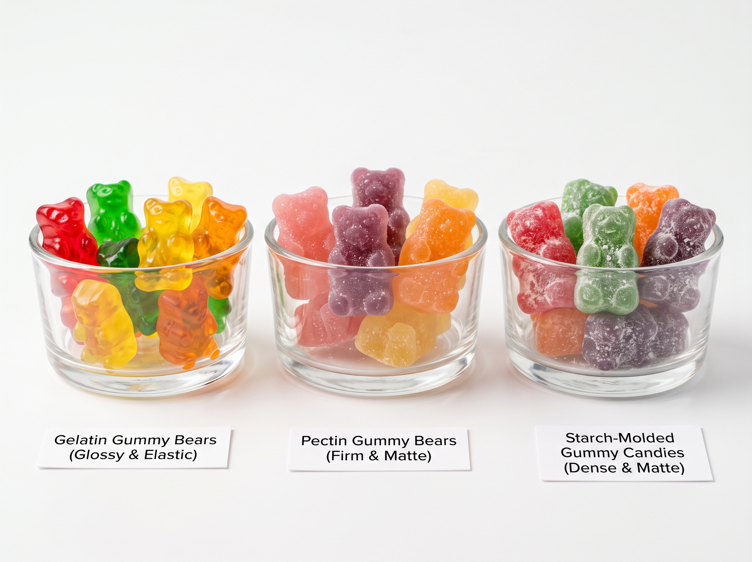 bahan gummy bear — perbandingan samping tekstur gummy gelatin, pektin, dan tepung