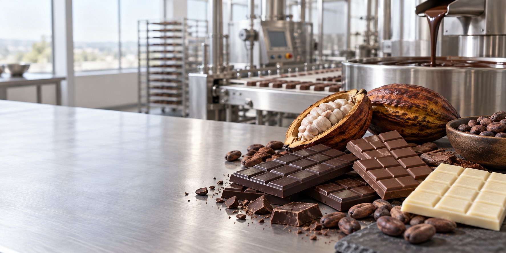 Barras de chocolate, bombones, granos de cacao y una vaina de cacao dispuestos para una guía de marcas de chocolate en España