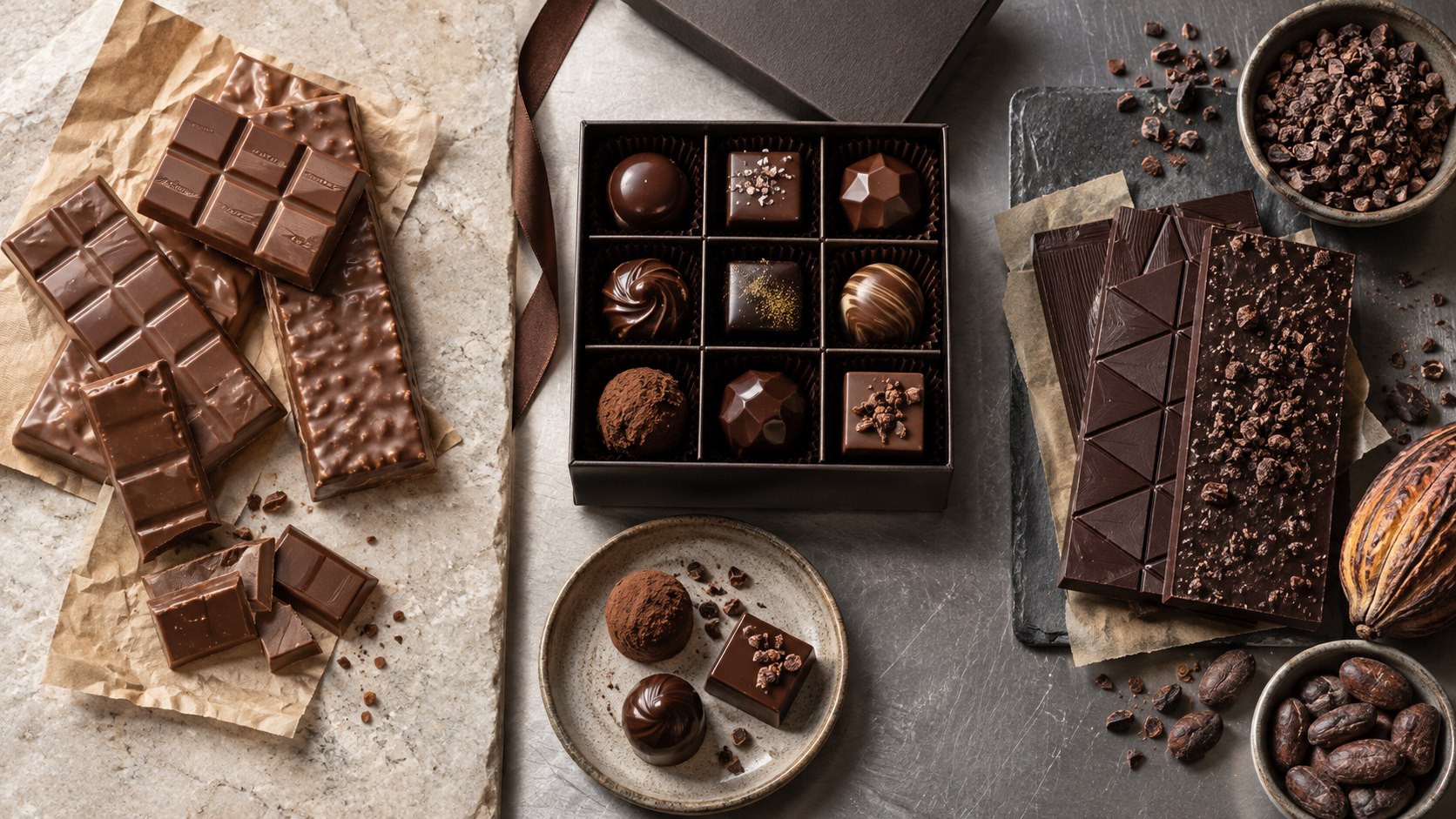 Barres de chocolat quotidiennes, bonbons haut de gamme et chocolat artisanal regroupés par style de produit