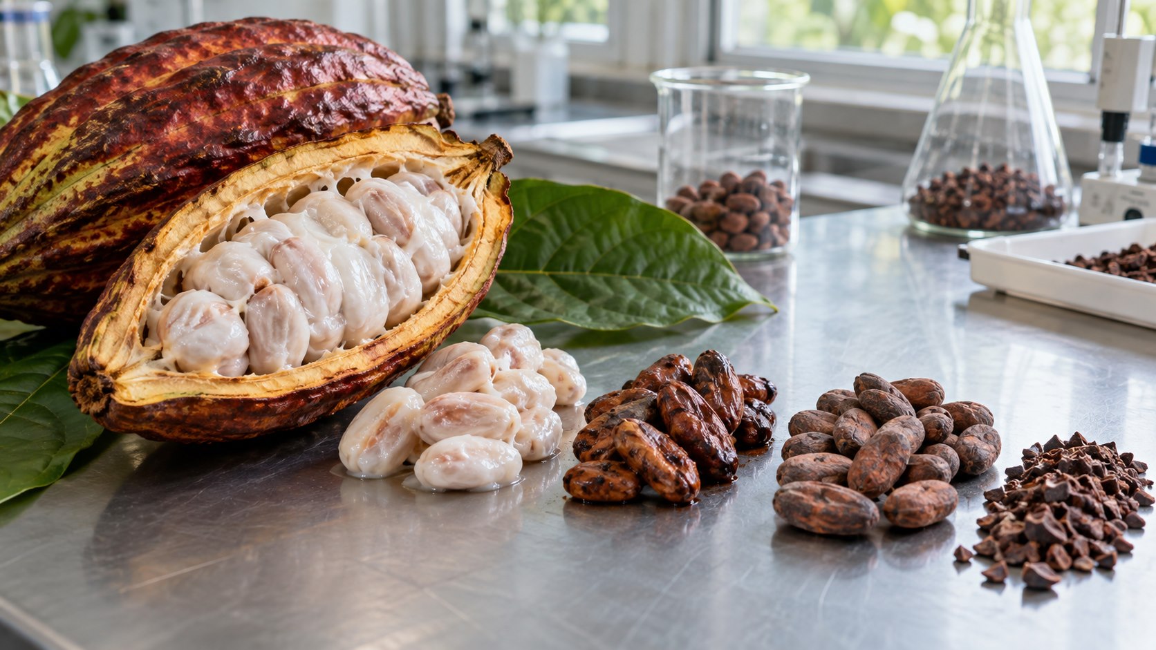 Cabosse de cacao, pulpe de cacao fraîche, fèves fermentées, fèves séchées et éclats de cacao montrés dans une séquence de processus