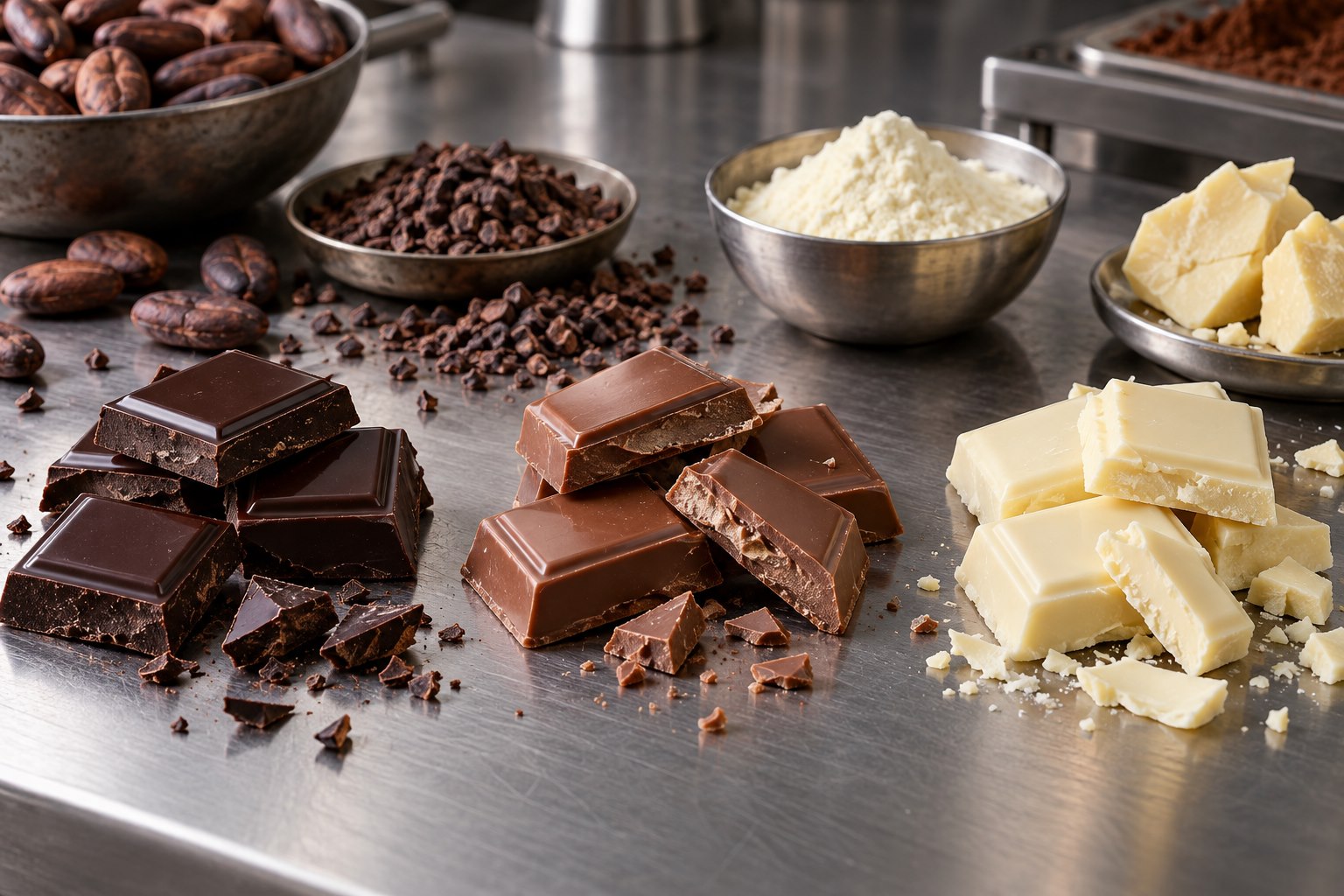 Morceaux de chocolat noir, au lait et blanc alignés côte à côte sur une table de travail en acier inoxydable