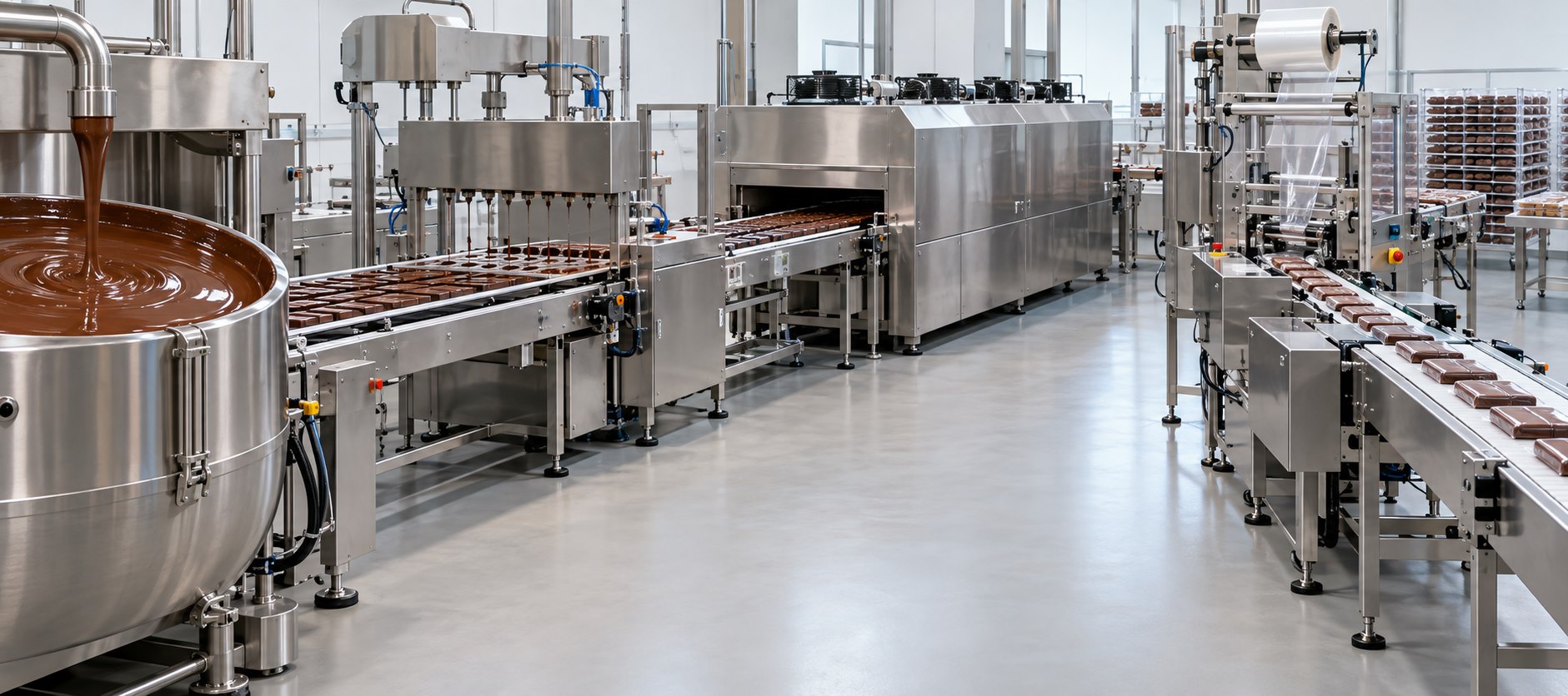 Ligne de production automatisée de barres de chocolat avec équipement de tempérage, de moulage et de refroidissement