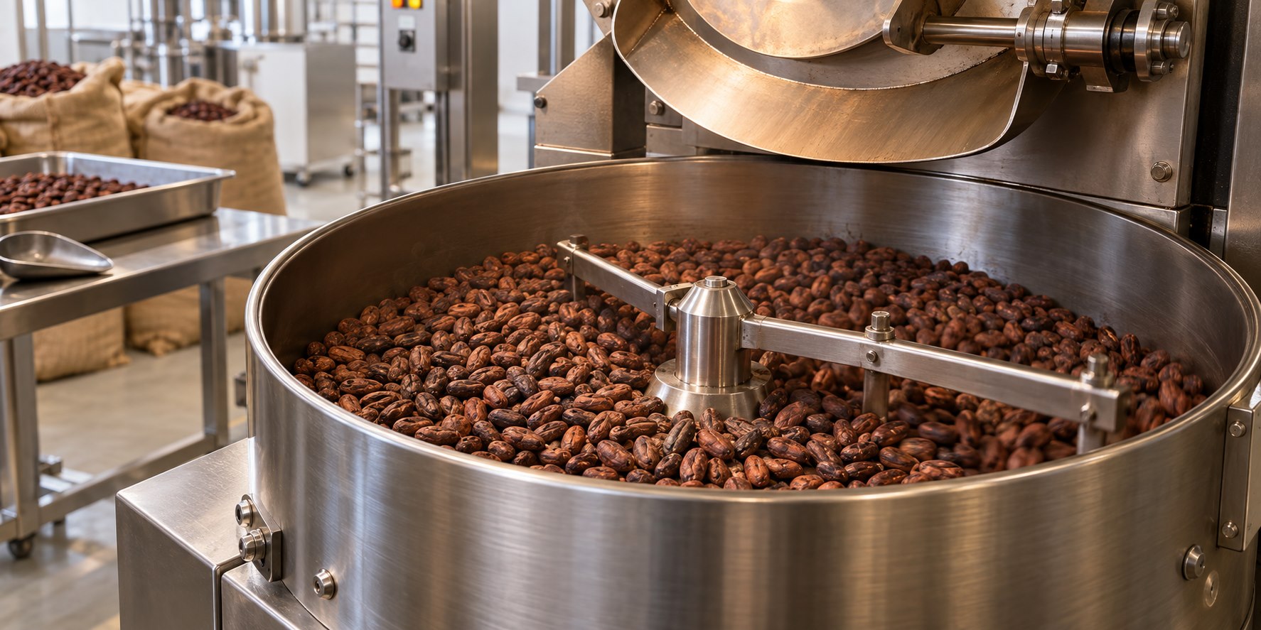Torréfaction des fèves de cacao dans un torréfacteur en acier inoxydable pour la transformation du chocolat