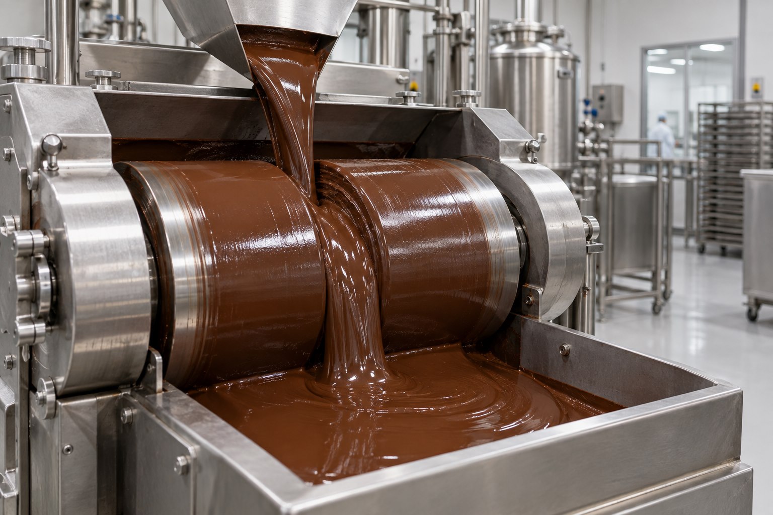 Liqueur de chocolat passant à travers une machine de raffinage en acier inoxydable