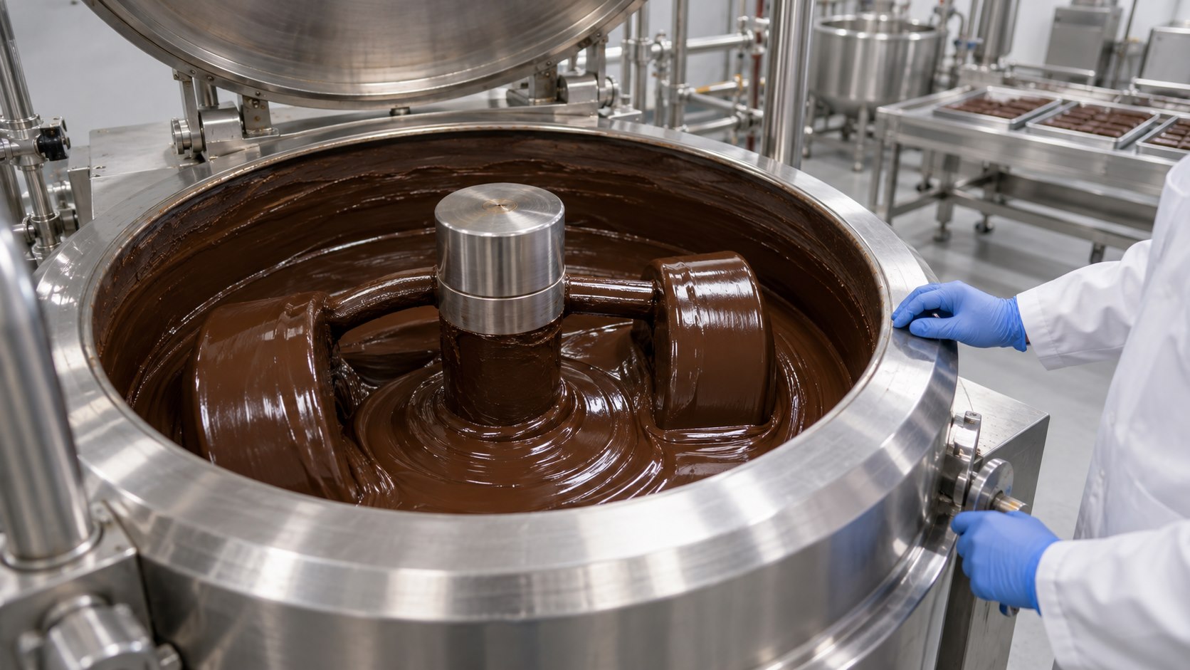 Chocolat lisse à l'intérieur d'une conche en acier inoxydable dans une usine propre