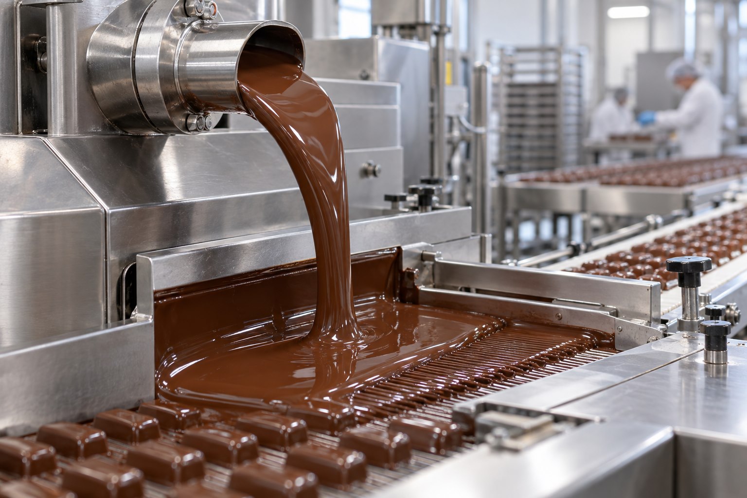 Chocolat tempéré coulant d'une machine de tempérage en acier inoxydable