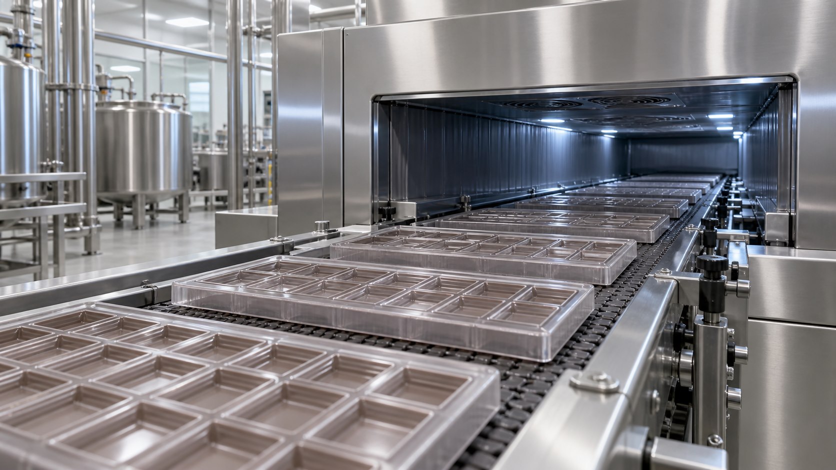 Moules à barres de chocolat passant par un tunnel de refroidissement sur un convoyeur de production