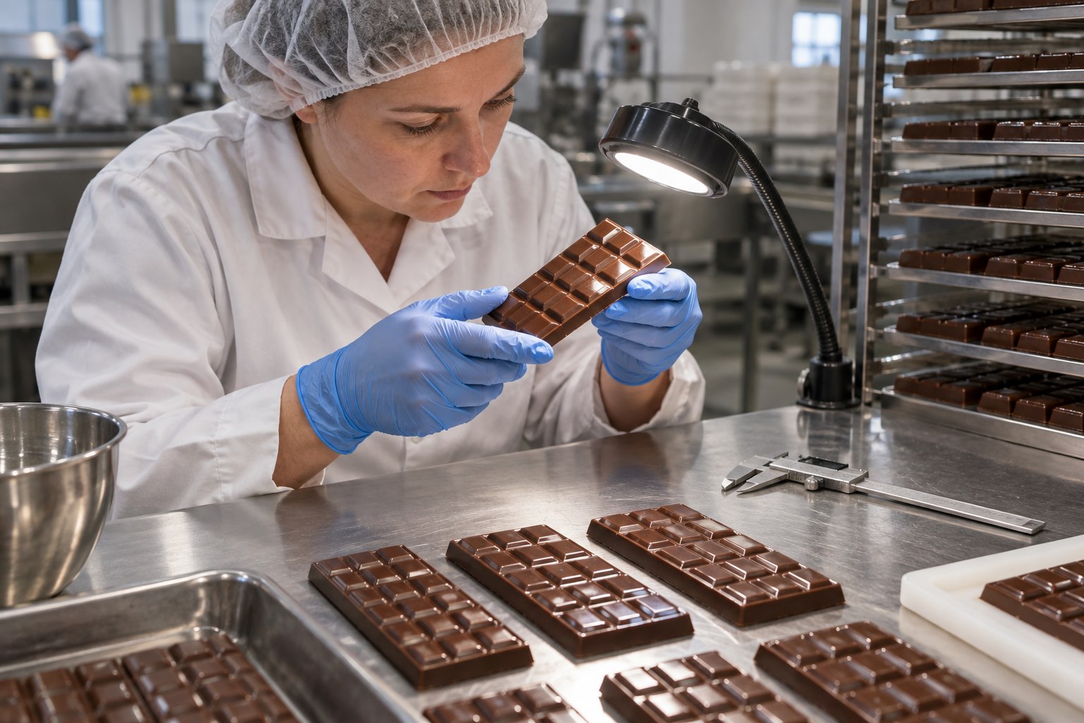 Barres de chocolat vérifiées pour leur brillance, leur forme et leur finition de surface dans une zone de contrôle qualité alimentaire